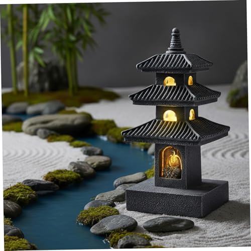 Pagoda Garden Statue, 10 Inch Weatherproof Solar Garden Decor, LED Light Zen Japanese Lantern for Backyard Balcony Patio Lawn Yard, Grey - Image 2