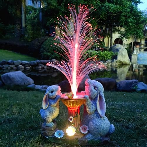 Solar Rabbit Garden Statues Outdoor Decor with LED Lights, Resin Rabbits Figurine Lights Decorations Colour Changing Fiber Optical Light, Outside Lawn Decor for Yard, Unique Housewarming Gift by Unknown