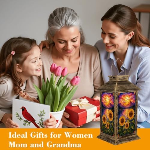 Solar Lantern Outdoor Waterproof Vibrant Sunflowers Colorful Sunset Mountains Lake Stained Glass Style Garden Decor LED Hanging Solar Lights Tabletop Lamp Gifts for Women Mom Outside Yard Patio Porch - Image 4