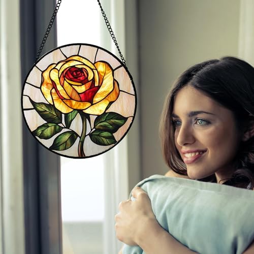 Yellow Rose Stained Glass Window Hanging Suncatcher Gifts for Women 12" - Image 3