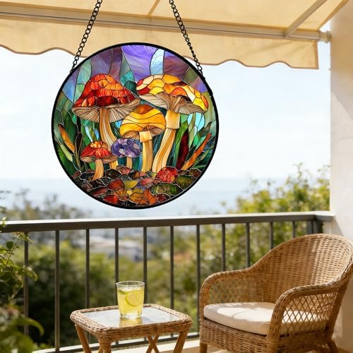 Colorful Mushroom Forest Stained Glass Window Hanging Suncatcher Gifts 15" - Image 6