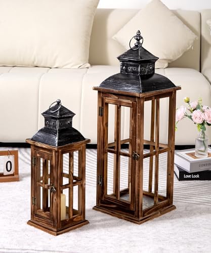 Large Farmhouse Decorative Wooden Lanterns Set of 2, Rustic Burnt Wood Floor Lanterns, Indoor/Outdoor Hurricane Lanterns for Home Decor (No Glass) by Venalys