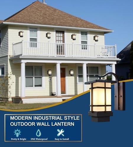 Outdoor Wall Light Fixtures, Exterior Waterproof Lanterns, Porch Sconces Wall Mounted Lighting with Modern Frosted Glass, Black Aluminum Wall Lamps for Patio Front Door Entryway (TYP_B, 13.1inch) - Image 6
