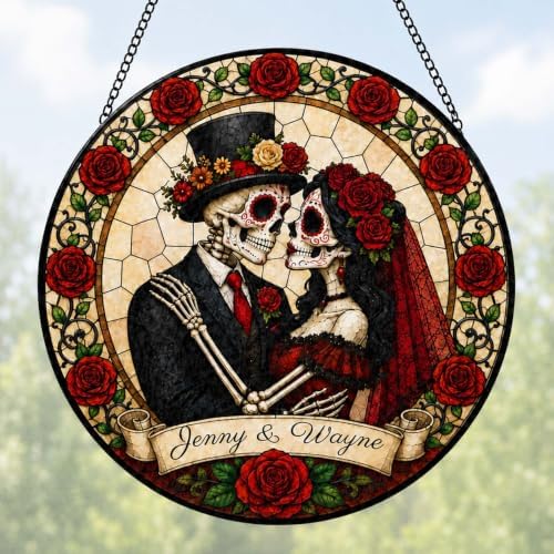 Personalized Skeleton Couple Stained Glass Suncatcher, Gothic Wedding Skull Window Hanging Decor with Name, Romantic Love Sun Catcher Couples Anniversary Wedding Gift for Halloween Gothic Décor 11.81" by Unknown