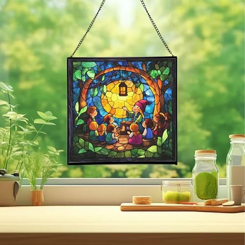 Gnome Storyteller Stained Glass Suncatcher – Square Hanging Window Panel for Home, Garden, Nursery, Halloween, Christmas, Memorial Day – Whimsical Glass Art Gift for Gnome Lovers 423hm4 - Image 2