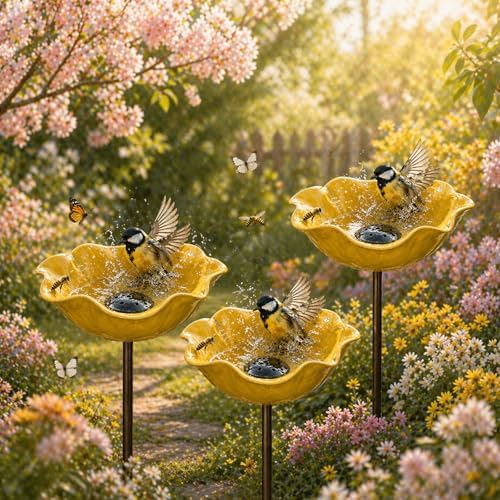 Handmade Metal Flower Garden Stake Bird Bath & Bee Watering Station, Upgraded Weather-Resistant Pollinator Water Bowl, Colorful Floral Decor for Outdoor Yard & Lawn (3PCSC) by Unknown