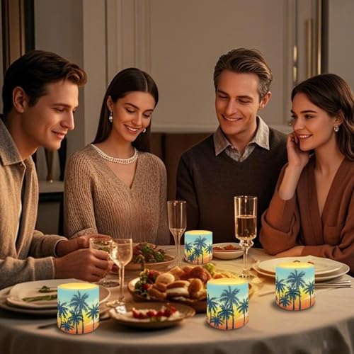 Flameless Votive Candles Sunset Glow Palm Coconut Tree Pattern 4 Pcs LED Pillar Candle Tealights Long Lasting with Remote Timer for Indoor Outdoor Coastal Home Decoration - Image 5