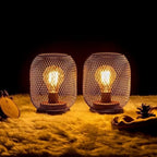 Set of 2 Battery Operated Lamp LED Table Lantern, Brown Metal Cage Cordless Lamps with LED Bulb，Vintage Decorative Outdoor Lantern for Weddings, Parties, Patio, Events for Indoors Shelf Decor - Image 2