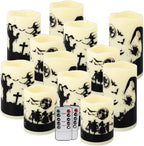 fclayvts 12-Pack Halloween LED Flameless Pillar Candles - Battery Operated with Remote & Timer, Flickering Warm Light, Witch/Bats/Castle Decals - Spooky Halloween Decor, Ghost Party Supplies, Gifts - Image 2
