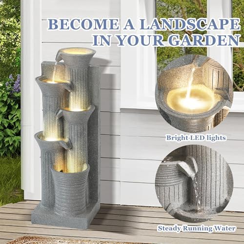 Grepatio Outdoor 5-Tiers Cascading Water Fountain, Garden Waterfalls Fountain with LED Lights, 24" H Modern Indoor Floor Standing Water Fountains with Pump for Patio, Yard, Deck Decor (Light Grey) - Image 3