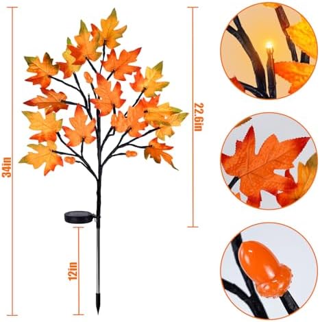 Uieke 4PCS Solar Fall Lights Outdoor Decorative, 34" Fall Decor with Acorn Maple Leaf, 40LED Each with 8 Modes & Timer, Waterproof Maple Leaves Tree Lights for Yard Pathway Thanksgiving Decor - Image 3