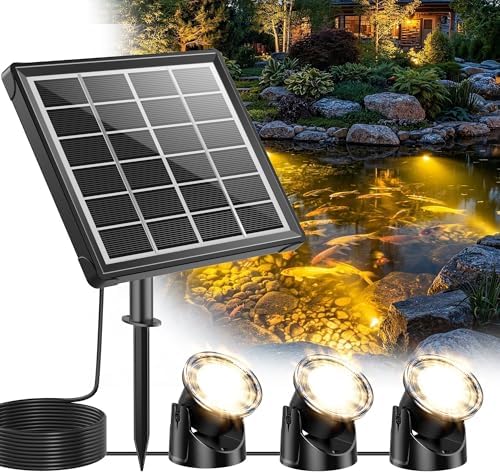 POPOSOAP Warm White Solar Pond Lights, Underwater Solar Lights with Timer, 2 Installation Ways, 180° Adjustable Panel for Pond, Fountain, Pool, Garden, Aquarium(3 Headlamp)-P63WH by POPOSOAP