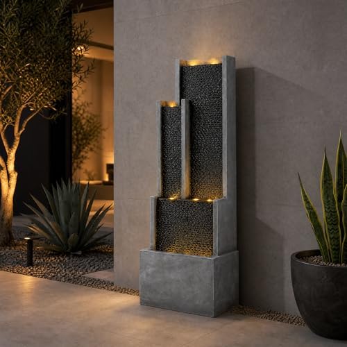 Large Outdoor Water Fountain with LED Lights, 70.87" Modern Freestanding Resin Waterfall Feature, Ribbed Panel Garden Fountain for Patio, Backyard, Porch, Deck by MakensGardenSupply