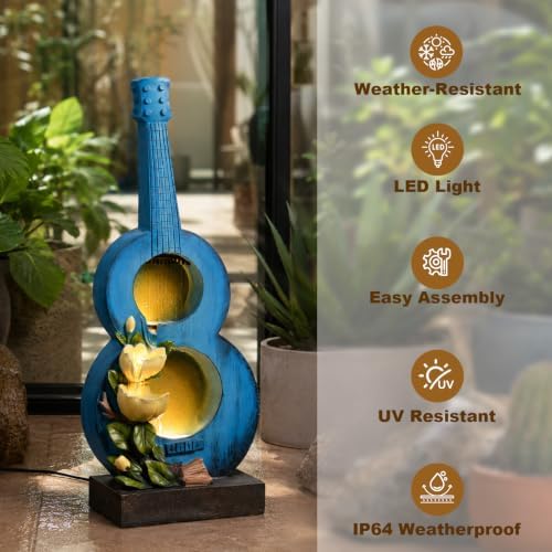 38.2" H Outdoor Water Fountain with LED Lights, Guitar Design Cascading Water Feature for Garden Patio Backyard Porch Yard Decor - Image 3