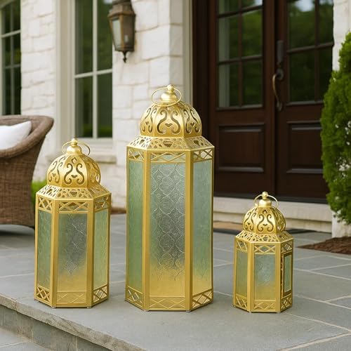 Vela Lanterns Decorative Outdoor & Indoor Tall Floor Candle Holders, Gold - Image 4