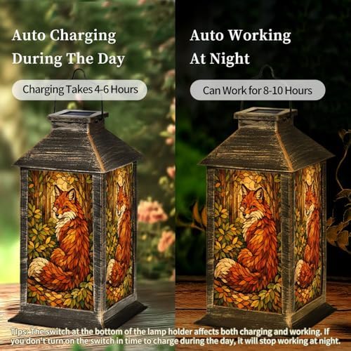 Solar Lantern Fox Stained Glass Style Forest Leaves Warm Autumn Colors Outdoor Waterproof Hanging Solar Light Outside Lights for Patio Yard House Lawn Decor Birthday Gifts for Women Mom - Image 4