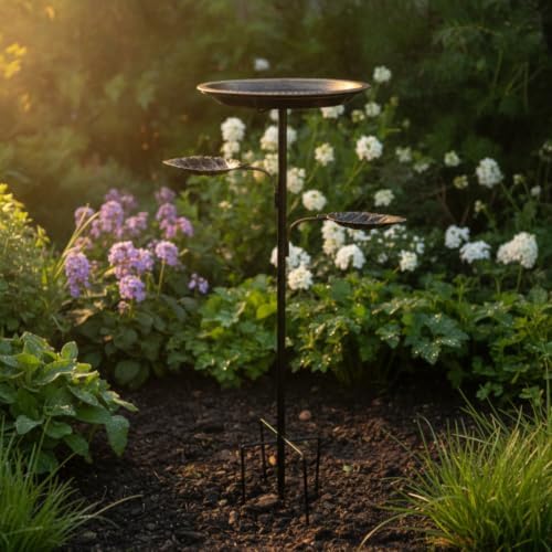 Bird Bath Feeder Elevated Tray Bowl Basin Stake with Iron Metal Decor for Wildlife and Feeding Quick Stake Mount Suitable for Backyard Garden Patio, Copper, Leaf Bird Feeder - Image 6
