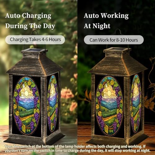 Solar Lantern Stained Glass Window Grapevines Purple Grapes Scenic Vineyard Outdoor Waterproof Garden Hanging Lantern Solar Powered Lighting Outside Table Lamp for Patio Deck Camping 1 Pack - Image 3