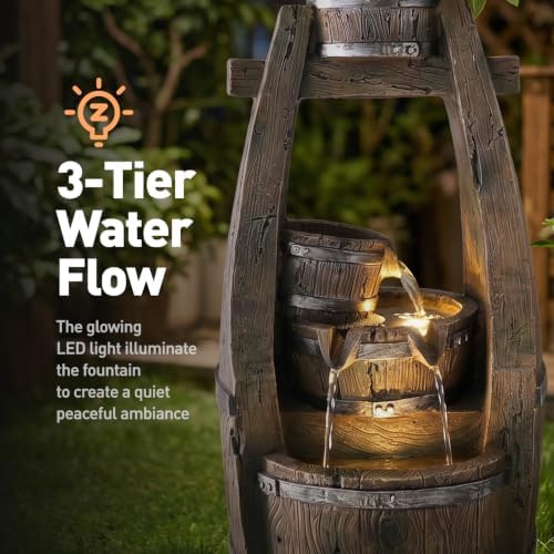 18.9" H Rustic Barrel Outdoor Fountain with Planter Bowl & 4-Tier Cascading Water Feature Low-Maintenance Garden Water Feature- LED- Suitable for Yard, Deck, Backyard Decor - Image 4