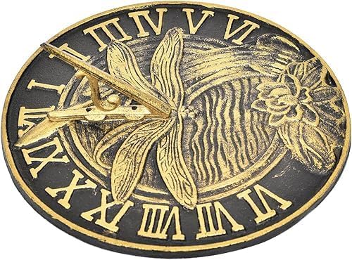 Iron Cast Dragonfly Sundial, 10 Inch Dia Vintage Sun Dial Dragonfly & Lotus Decor, Verdigris Finish with Gold Highlights, Outdoor Decorative Clock, Pretty Garden Patio Ornament by RedSkyTrader