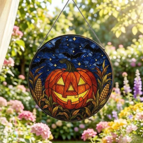 Jack O Lantern Bats Corn Stained Glass Suncatcher 11.8" Colorful Window Hanging Ornament, Sun Catcher Decor for Bathroom Front Door Living Room Home Wall Garden - Image 2