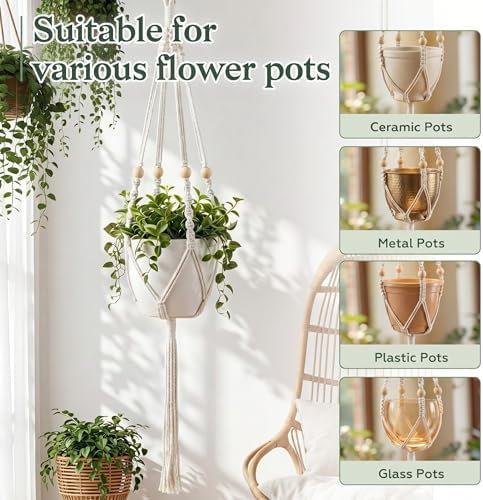 Huquary 3 Pack Macrame Hanging Plant Hanger with Grow Light,White - Image 6