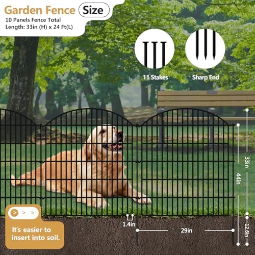 10 Panels Garden Fence Animal Barrier, 33 in(H) X 24 ft(L) Dog Fence Outdoor for Yard Rustproof No Dig Fencing Decorative Metal Wire Panel Border for Rabbits, Flower Bed Patio Temporary Ground Stakes - Image 2