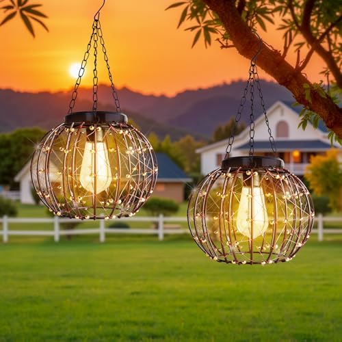 Hanging Solar Lanterns Outdoor Waterproof, Vintage Copper Hanging Lights, Solar Chandelier for Yard Garden Gazebo Pergola Porch Decor, 2 Pack by ALLFORTUNE