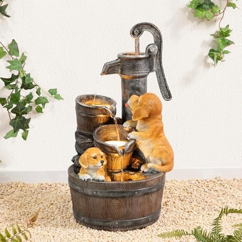 Glitzhome Water Fountain Outdoor, Outdoor Fountain with Lights & Pump, 23.75" H Cute Dog Playing Around The Water Polyresin Cascading Waterfall Floor Standing Water Feature for Garden, Patio - Image 6