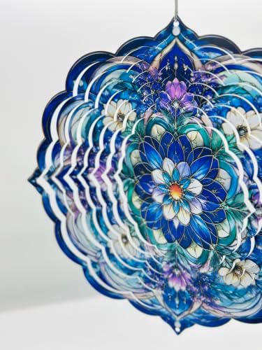 Shwing 12 Inch Wind Spinner Hanging Wind Sculptures Purple Blue Floral Metal Decor Double Sided Outdoor Kinetic Garden Art 3D Wind Spinner Hanging Ornament for Patio Porch Balcony Backyard Tree Decor - Image 7