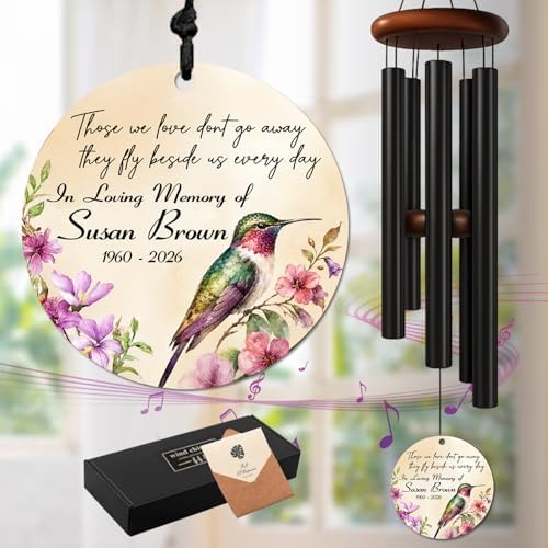 Personalized Hummingbird Memorial Wind Chime, Custom Name & Years in Loving Memory, Sympathy Gift Remembrance Windchime, Deep Tone Soothing Outdoor Garden Patio Decor by AlpadilCo