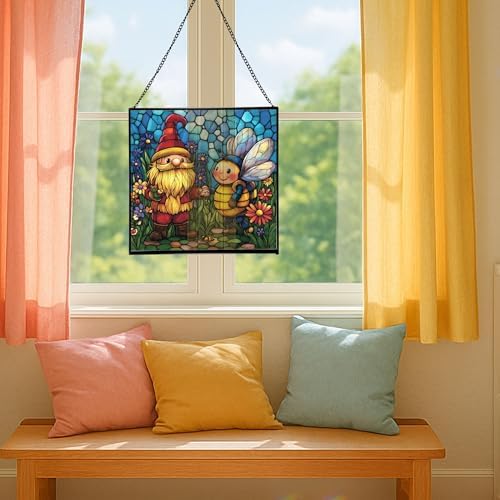 Bee Friend Gnome Stained Glass Suncatcher – Square Hanging Window Panel for Home or Greenhouse – Whimsical Glass Art Gift for Garden Lovers, Christmas, Halloween, Father Days SepAyu - Image 5