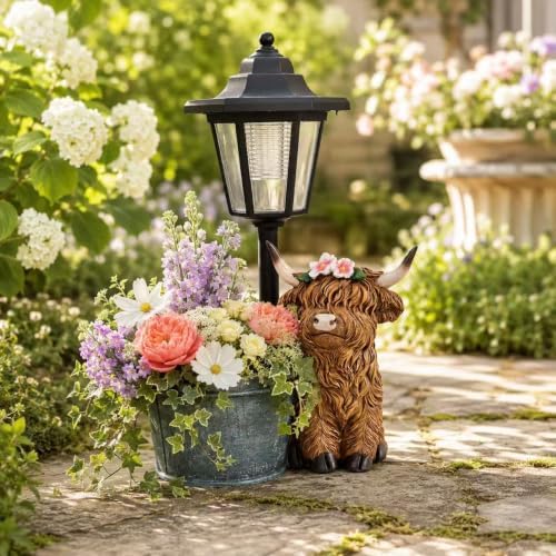 Solar Power Cow Outdoor Statue with Planter & Solar Lantern by Unknown