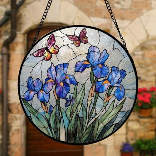 Purple Iris Butterfly Stained Glass Window Hanging Suncatcher Gifts 15" - Image 4