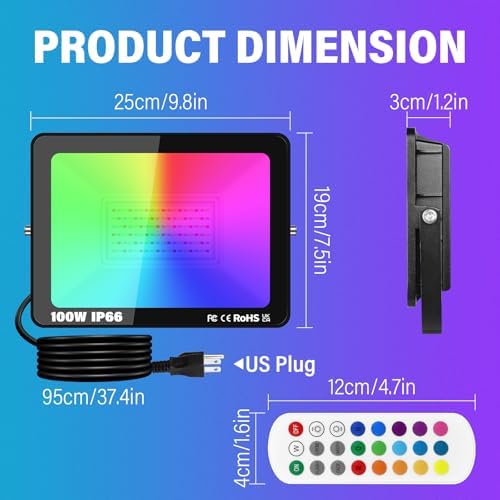 RIGIDON 1 Pack 100W Smart RGB LED Floodlight Outdoor with Plug, APP Control - Image 2