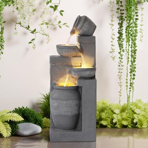 Outdoor Water Fountain, 4 Tiered Waterfall Fountains with LED Lights, Garden Bowl Waterfalls, Modern Cascading Flow Fountain for Garden, Yard, Patio, Home Decor (Grey) - Image 7