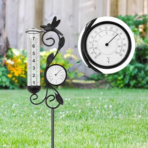 36in Dragonfly Rain Gauge Thermometer Black Metal Garden Stake Decor - Image 5
