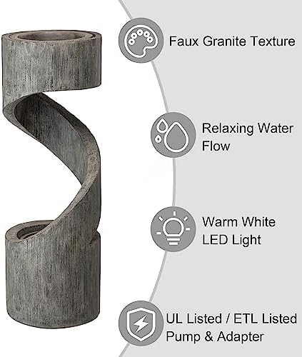 Glitzhome Outdoor Water Fountain with LED Light, Modern Spiral Tiered Outdoor Fountain with Stone Planter, Curved Freestanding Waterfall Fountains for Garden Patio Deck Porch, 40”H - Image 3