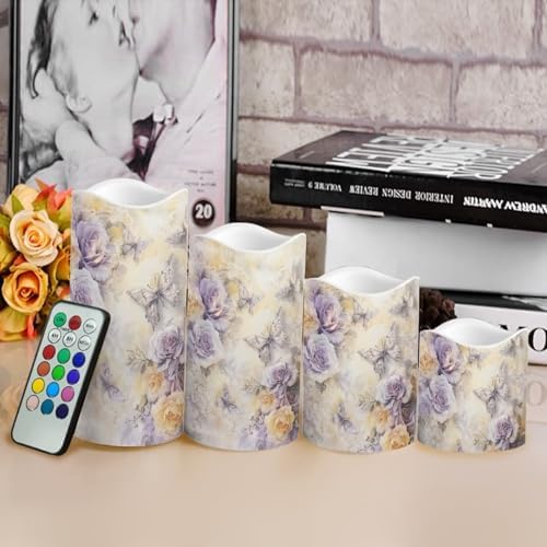 Purple Butterfly Rose Flameless Candles with Remote Timer Battery Powered LED Candles Color Changing Pillar Electric Fake Candles Bulk for Indoor Outdoor Home Table Decoration Set of 4 - Image 4