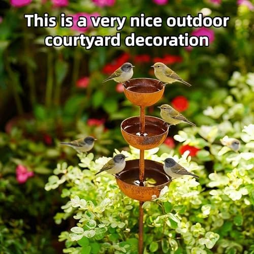 3-Tiered Cascading Rain Catcher Garden Stake, Rust Patina Metal Bird Bath with Water Bowls, 26.7 Inch Outdoor Garden Decor & Plant Support for Yard, Flower Beds & Patio - Image 7