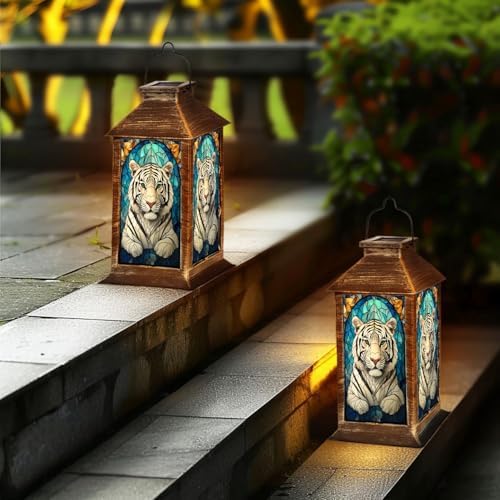 Solar Lantern Stained Glass White Tiger Green Eyes Wildlife Artwork Outdoor Waterproof Hanging Solar Light Outside Lights for Patio Yard House Lawn Decor Birthday Gifts for Women Mom - Image 6