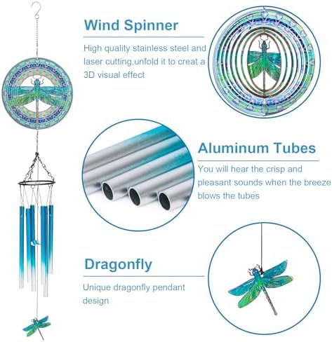 TUOKING Blue Wind Chimes for Outside 3D Dragonfly Wind Spinners - Image 3