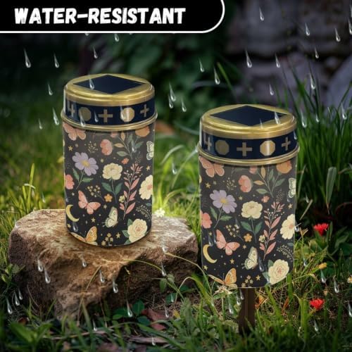Poceacles Solar Pathway Lights Outdoor Grave Solar Lights Outside Waterproof Cemetery Flameless Candles Outdoor Grave Candle Markers Eternal Decor, Butterfly Floral Print Black, Pack of 6 - Image 6