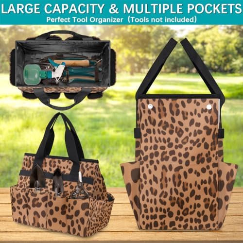 Garden Tool Bag Leopard Print Garden Tool Storage Bag with Pockets Handle Portable Garden Tote Bags for Indoor Outdoor Gardening - Image 3