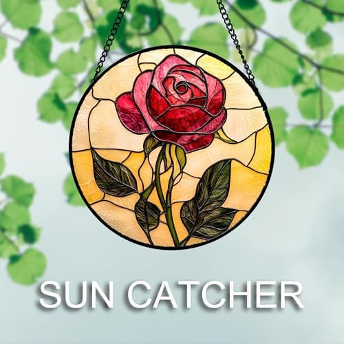 Stained Glass Window Hanging 4 Pcs Set Lily Rose Sunflower Poppy 9.8" - Flower Suncatcher Door Garden Sun Catcher Decor Birthday Mother's Day for Wife Woman Nana Girl - Image 3