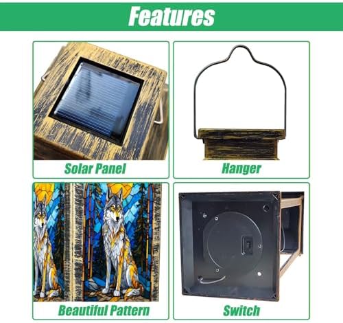 Solar Lantern Wolf Stained Glass Golden Moon Forest Pines Blue Mosaic Wildlife Art Outdoor Waterproof Hanging Solar Light Outside Lights for Patio Yard House Lawn Decor Birthday Gifts for Women Mom - Image 3