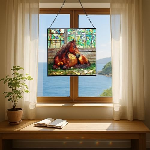 Chestnut Morgan Horse Resting Near barn Window Square Suncatcher – Stained Glass Style Window Panel with Pastoral Scene, Custom Decorative Hanging Art for Equestrian Home, Christmas Y19Vql - Image 6