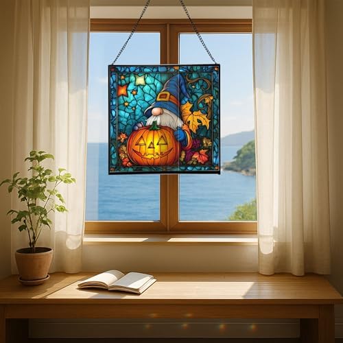 Gnome Pumpkin Lantern Stained Glass Suncatcher – Square Hanging Window Panel for Home or Greenhouse – Whimsical Glass Art Gift for Garden Lovers, Christmas, Halloween, Father Days WS2dno - Image 6