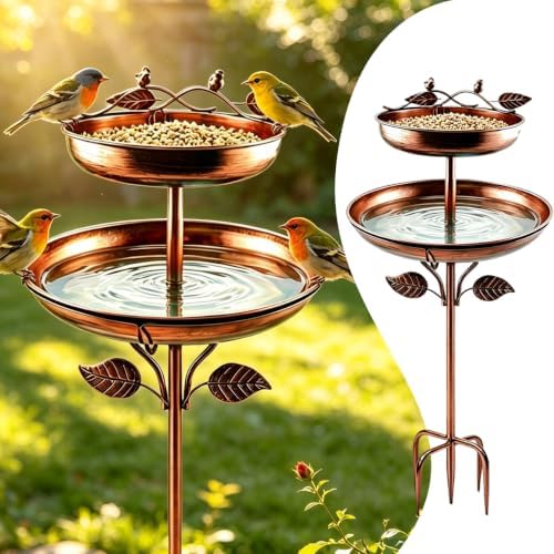 Bird Bath for Outside, 45In Vintage Freestanding Birdbaths for Outdoors, Double Metal Bird Bath Feeder Bowls for Garden Patio Yard Lawn Decor (Bronze) by Unknown