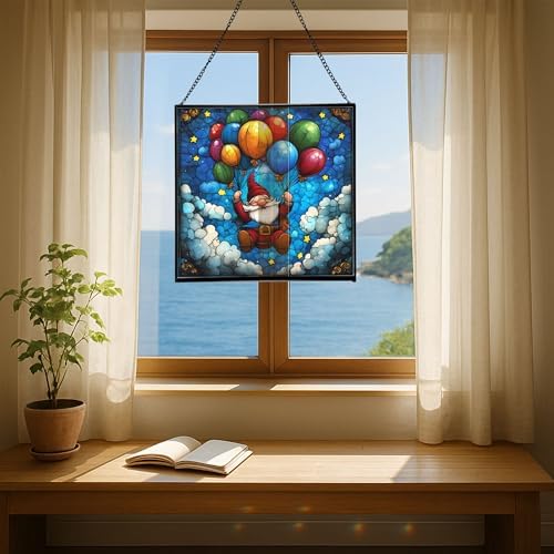 Gnome Balloon Ride Stained Glass Suncatcher – Square Hanging Window Panel for Home or Greenhouse – Whimsical Glass Art Gift for Garden Lovers, Christmas, Halloween, Father Days 7bMllP - Image 6